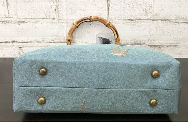 Handmade Blue Embroidered Butterfly & Flowers Wooden Top Handle Chain Strap Bag