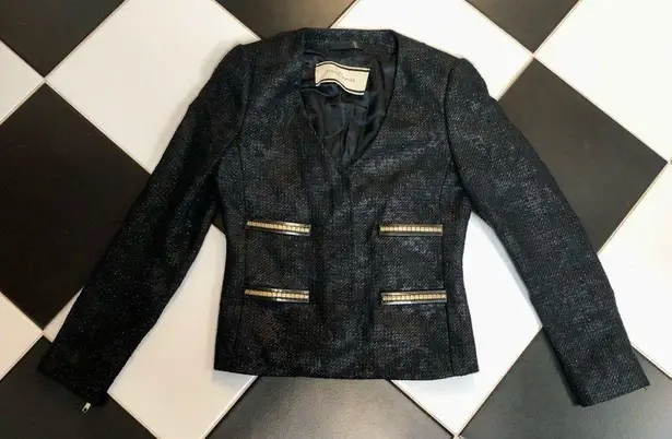 By Malene Birger Tweed Blazer Black Jacket Chic Metallic Gold Flecks Zip Front 8