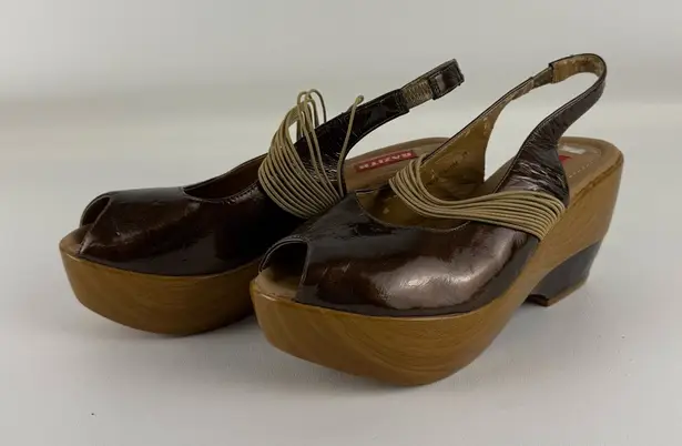 Gazith Brown Patent Leather Wooden Platform Sandals Size 8.5