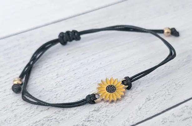 Sunflower Charm Adjustable Bracelet on Black Cord Yellow