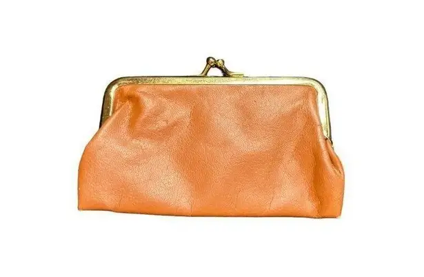 Vintage Leather Coin Purse With Metal Frame & Kiss Lock Closure