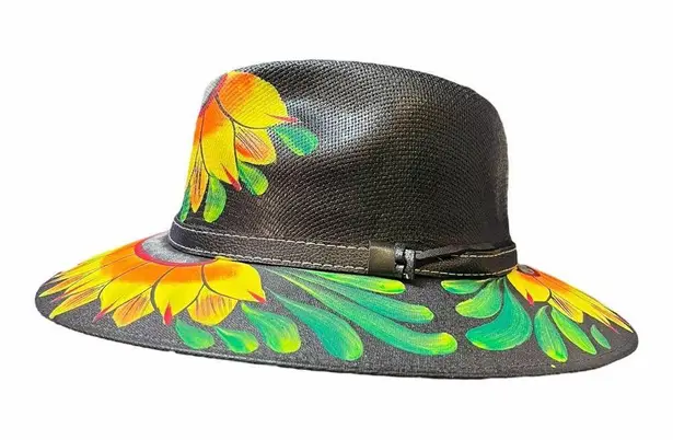 HAT MEXICAN Artisanal Hand Painted Fedora Sunflower Sombrero Panama Bohon Black