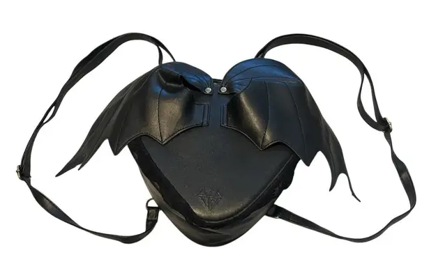 AZA Gothic Heart Bat Wing Backpack Black Lace Trim Faux Leather Mini Bag Purse