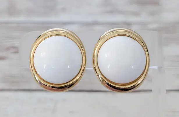 Vintage Clip On Earrings Large White with Gold Tone
