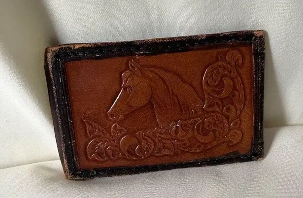 Vintage 70s Tooled Leather Horse Belt Buckle Brown Western Boho Floral Cowgirl