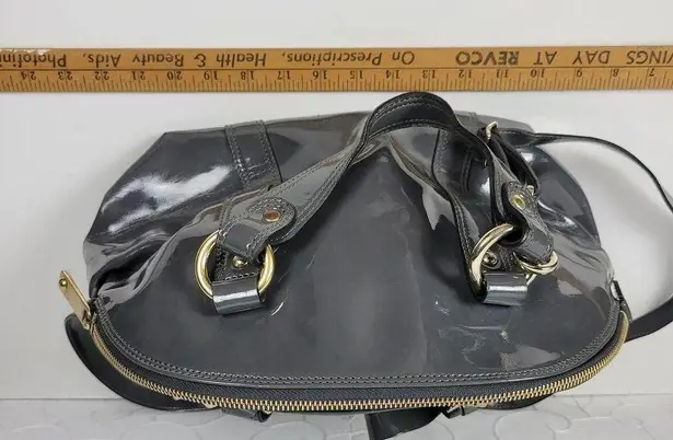 Emporio Armani Womens Tote Satchel Crossbody Bag Gray Patent Leather Handbag Bow