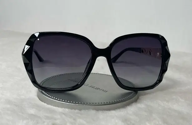 Black & Gold Oversized Square Sunglasses Polarized Tinted w Crystal Frames Nwt