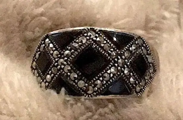 Onyx Vintage Black Marcasite Sterling Silver Mosaic Inlay Ring Sz 9
