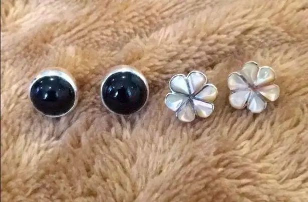 Sterling Silver Stud Bundle - Onyx Cabochon & Mother of Pearl Floral Inlay