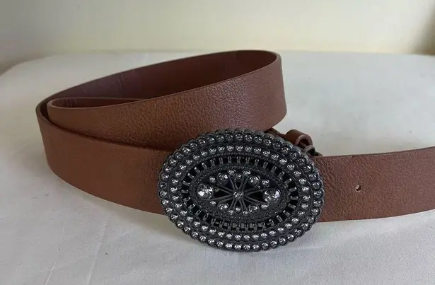 Brown Faux Leather Belt Silver Rhinestone Buckle Western Boho L/XL