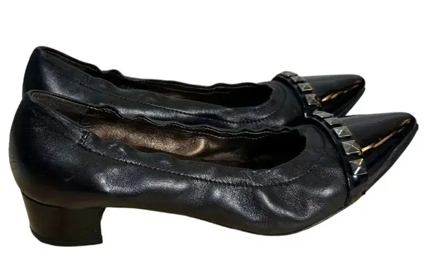 AGL Black Leather Chunky Heel Studded Pointed Cap Toe Heels Size 37.5 (US 7)