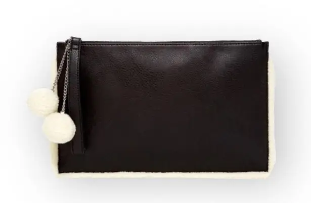 Carlos Santana new ❤︎ Vegan Leather Fur Pom Pom Clutch Handbag Bag ❤︎ Black