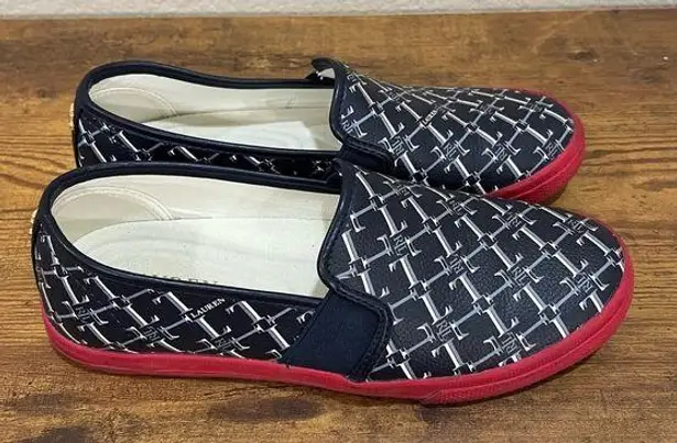 Lauren Ralph Lauren Women Navy Blue Red Jinny Monogram Sneaker Sz 8B Holiday