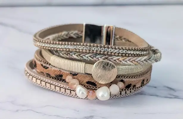 Cuff Bracelet Neutral Tones with Gold Tone & Faux Pearls