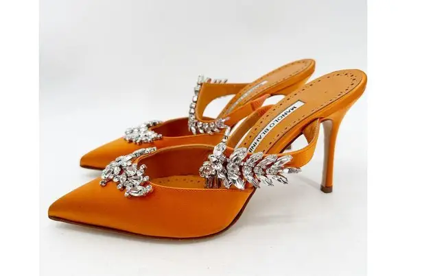 Manolo Blahnik Orange Satin Crystal Embellished 90 Mules 39.5