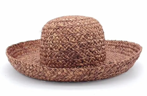 Vintage Bass Woven Braided Raffia Straw Sun Hat Dark Brown Y2K 90s Blossom OS