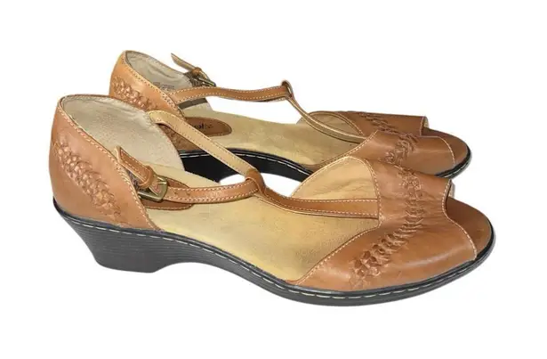 Softspots Tan Leather Peep Toe Slingback Wedge Sandals Women’s 11W Comfort Brown Size 11