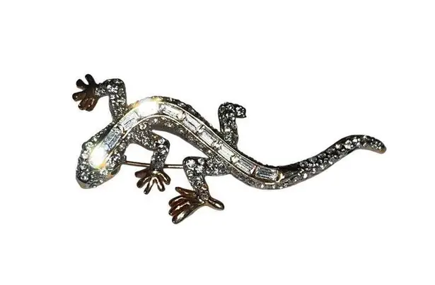 Vtg Clear & Green Rhinestones Reptile Lizard Gecko Jewelry Brooch Mint Condition Gold