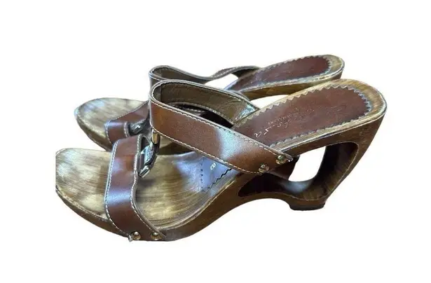 Italian Shoemakers Contesa Wood Look Wedge Brown Sandals Sz 6 Made In Italy
