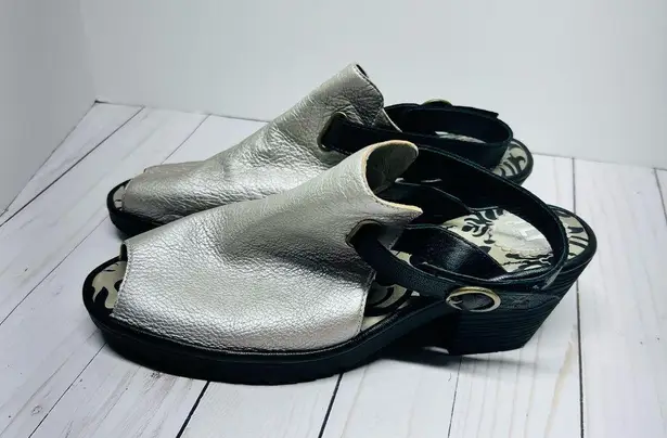 Fly London Wena Silver and Black Slingback Mules Size 41