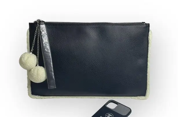 Carlos Santana new ❤︎ Vegan Leather Fur Pom Pom Clutch Handbag Bag ❤︎ Black