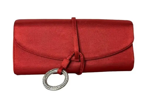 Rodo Red Satin Clutch Silver Gem Ring Closure