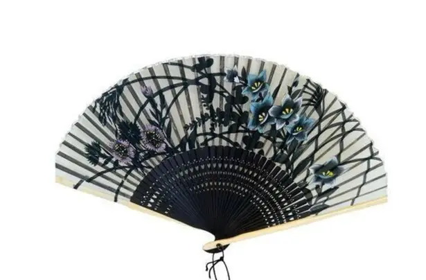 Vintage Folding Hand Fan Black Beautiful Hand Painted Flowers Delicate Fabric