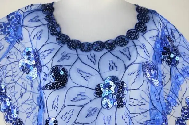 Cobalt Blue Mesh Caped Floral Print Top with Sequins And Beading