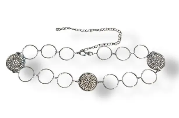 None Silver Tone Rhinestone Filigree Medallion Chain Link Belt Adjustable Fit Boho