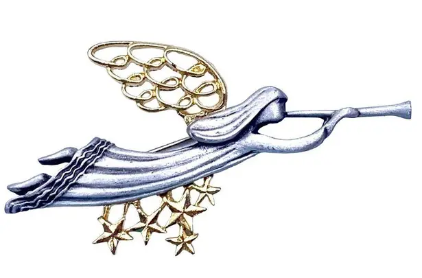 Vintage Angel Flying Trumpet Wings Brushed Silver Gold Tone Brooch Pin