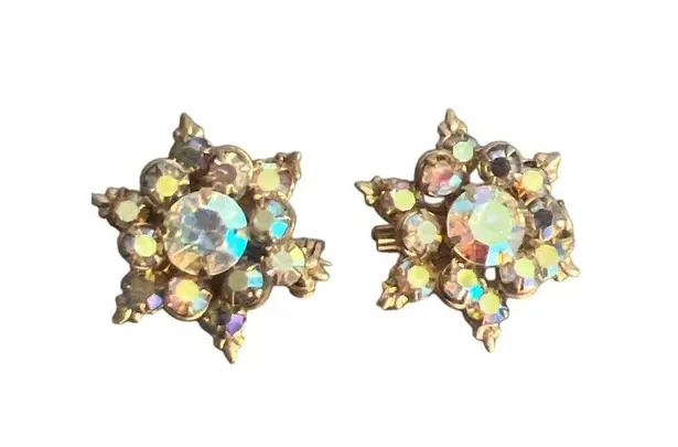 Vintage Aurora Borealis Crystal Starburst Scatter Pins Brooch Gold Tone .75"