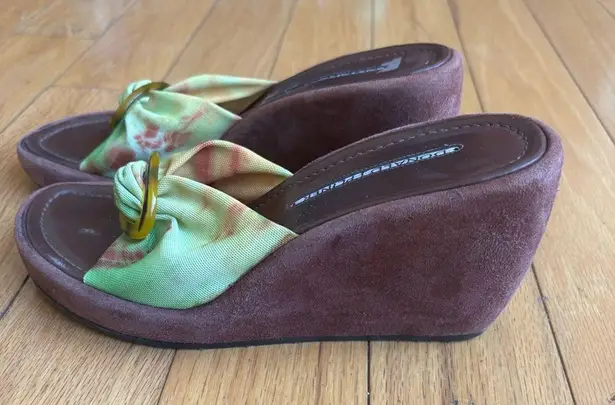 Vintage Green Tie Dye Mesh Knit Platform Wedge tortioise buckle & suede heel Brown Size 7.5