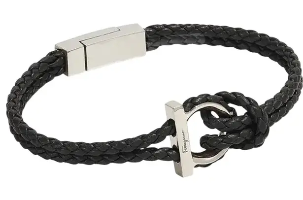Salvatore Ferragamo NIB Gancini Double Woven Leather Bracelet in Black/Silver