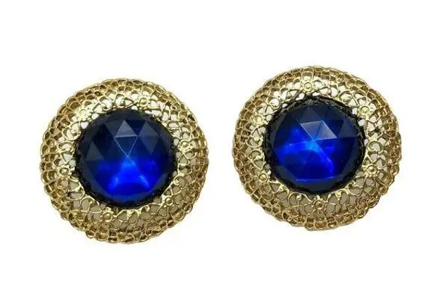 Vintage Blue  Rhinestone Gold Filigree Statement Earrings Costume Fashion Avon