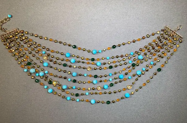 Multi Strand Beaded Necklace Gold Tone Metal, Turquoise, Green & Amber By Sequin Blue