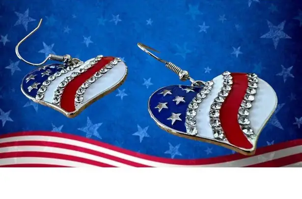 New Patriotic Heart Earrings Rhinestones Dangle Patriotic July 4 Veteran… Red