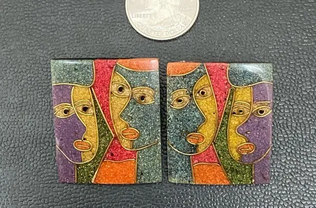 Vintage 70's Modernist Colorful Abstract Faces Resin Lucite Large Earrings 16.8g
