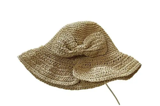 Wide Brim Straw Hat With Bow Breathable Womens Sun Hat Foldable Beach Hat Size M
