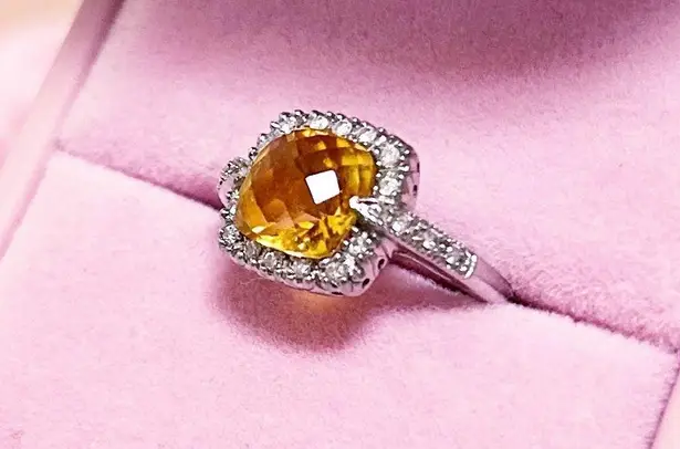 14kt White Gold 2+ Carat Cushion Cut Diamond Halo Citrine Ring Silver Size 6