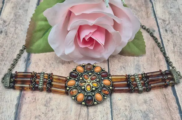None Orange & Amber Color Choker Necklace 18" Adjustable Fall Hippie Witchy