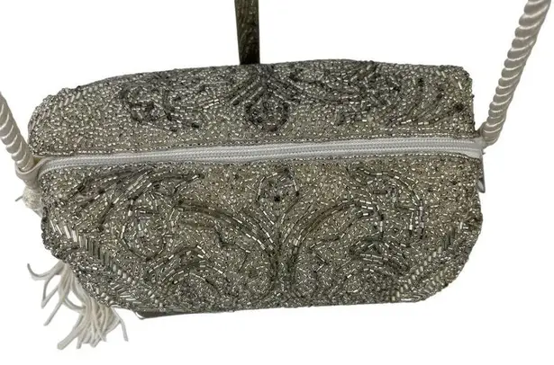 Vintage Evening Silver Beaded Crossbody Formal Bag Tassel Purse