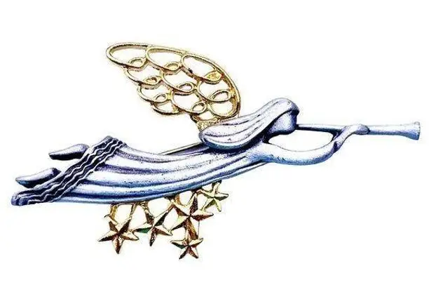 Vintage Angel Flying Trumpet Wings Brushed Silver Gold Tone Brooch Pin