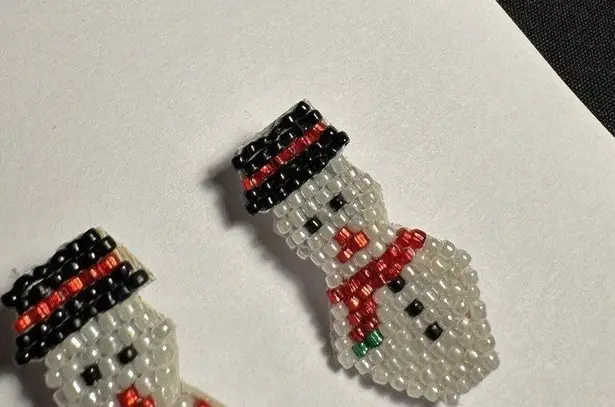 Hand Crafted Clip On Earrings Beaded Snowman Christmas Holiday Hand Made White