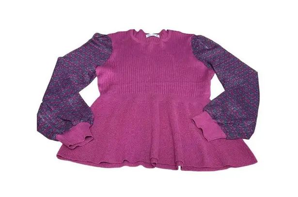 89th Madison NWT Medium Sheer Magenta Haze Knit Peplum Top Mesh Balloon Sleeves Purple