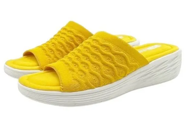 Ryka Nanette Stretch Knit Slide Demi-Wedge Slip-On Sandal Yellow White Size 9.5