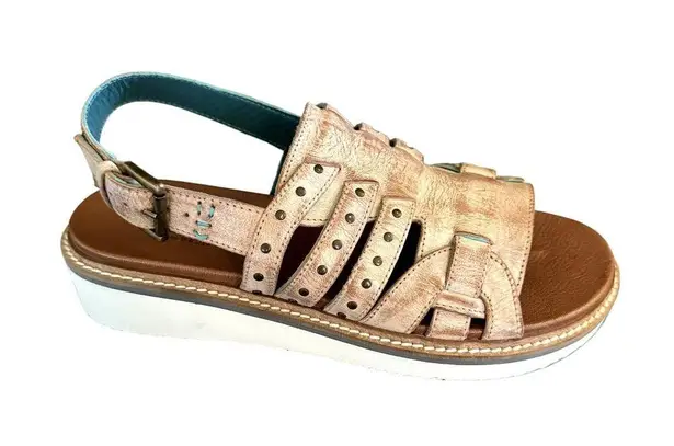 NEW Beds Stu ROAN Crest Sandals Wedge Distressed Leather Pecan Womens Size 7 Tan