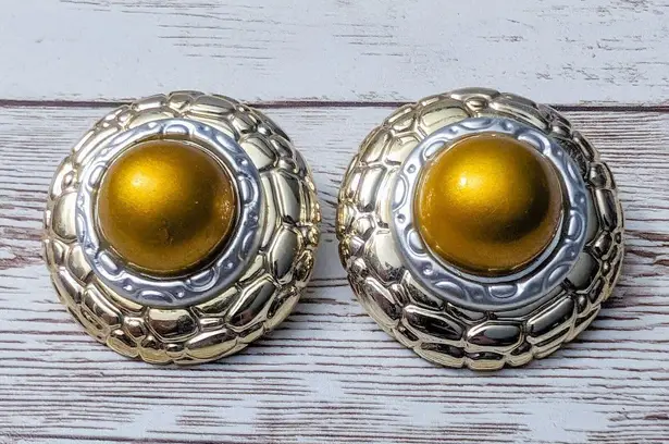 Vintage Clip On Earrings Gold/Silver Tone/Metallic Yellow Statement Large