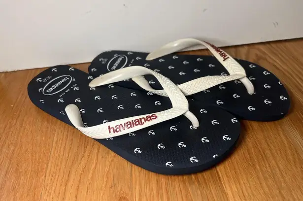 Havaianas Flip Flop Sandals Shoes Mens Size 8 Navy White Anchor Print Beach