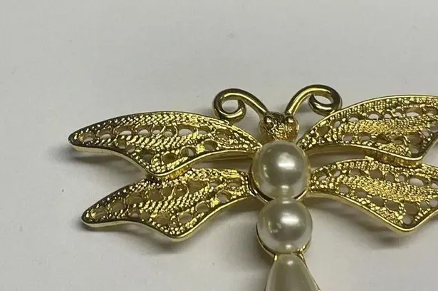 Monet Signed  Costume Brooch Pin - Gold Tone Faux Pearl Dragonfly Insect