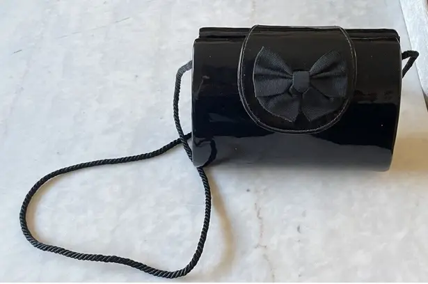 Vintage Patent Bow Handbag Purse Clutch Black 80s 90s Shoulder Hard Case Retro